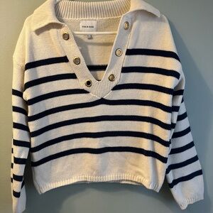Pink Rose Nautical  Stripped V-Neck Sweater - Navy and Cream Stripes